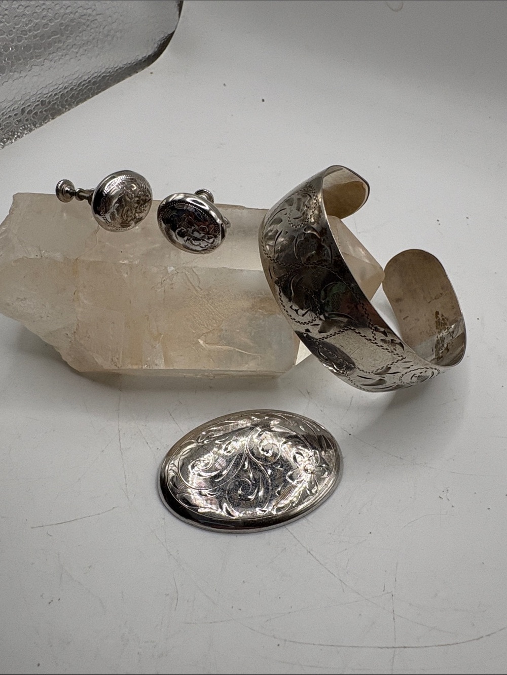 Sterling Silver Vintage Bracelet Brooch Earrings